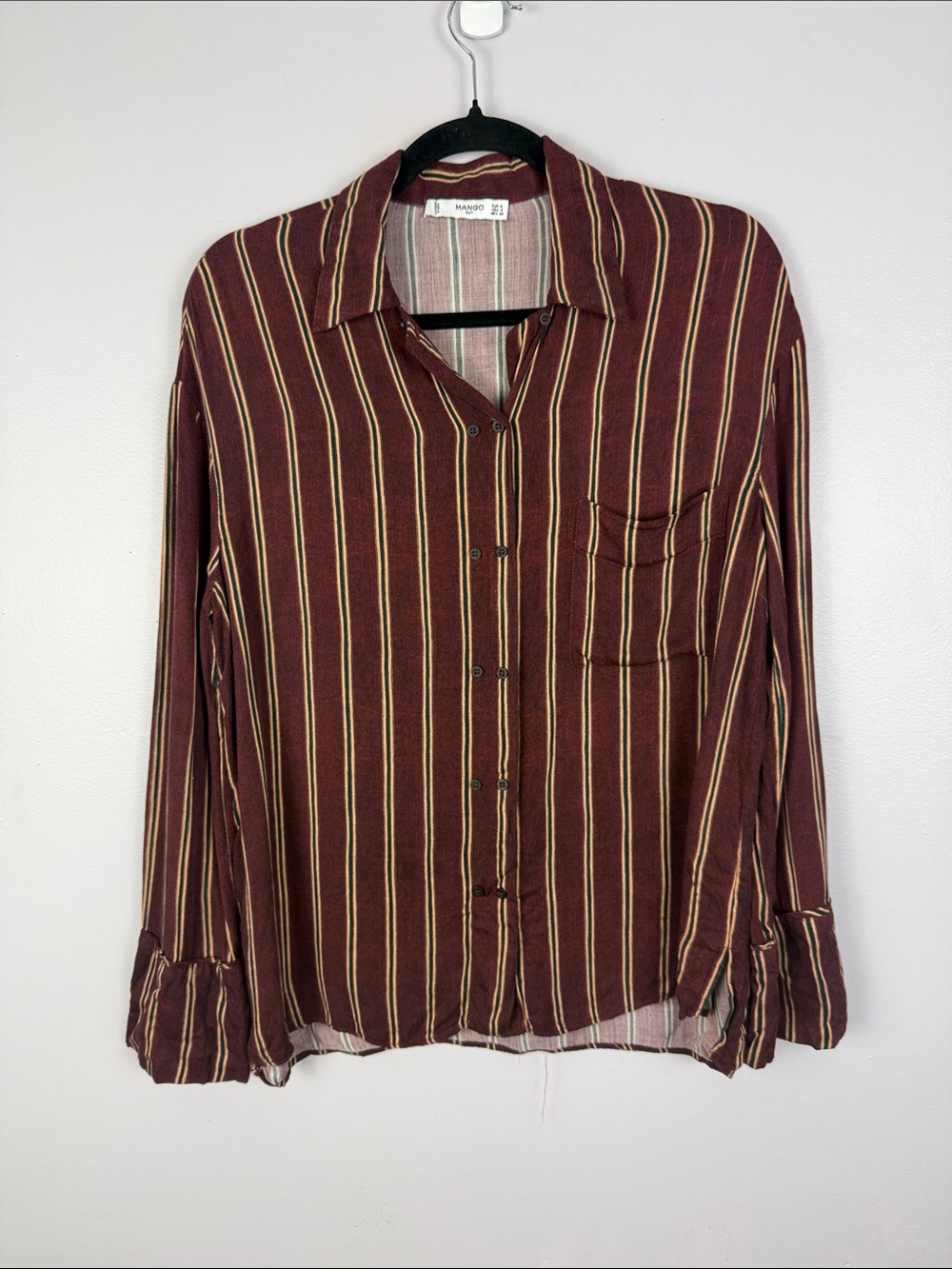MANGO Suit Striped Button Down Blouse Burgundy Gold Green Size S / 4 - Picture 2 of 13